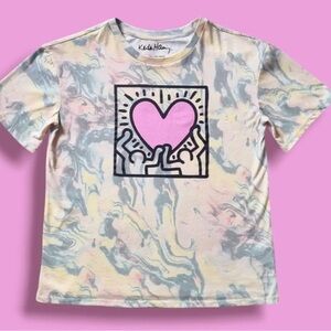 Keith haring Marble Pattern T-Shirt with Pink Heart Design